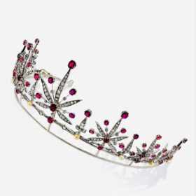 bridal tiara 7.5 Carat Rose Cut Diamond & 49 Carat Ruby 45 Gms 925 Sterling Silver