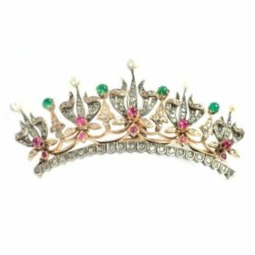 bridal tiara 9.5 Carat Rose Cut Diamond & 45 Carat ruby & pearl & emerald 79.23 Gms 925 Sterling Silver