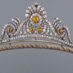 Princess Tiara 19.88 Carat Rose Cut Diamond & yellow sapphire 68.79 Gms 925 Sterling Silver