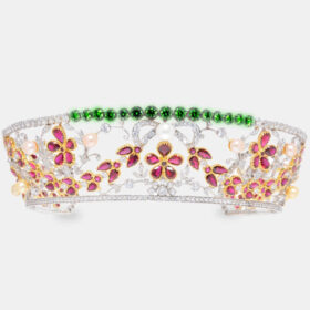 wedding Crown 12.55 Carat Rose Cut Diamond & 75 Carat ruby & pearl & emerald 73.25 Gms 925 Sterling Silver