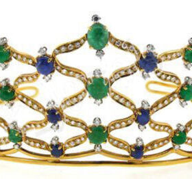 Queen Crown 69.02 Carat Round Brilliant Diamond & Emerald, Sapphire 60.86 Gms 14K Gold