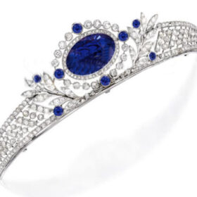 bridal tiara 21.5 Carat Round Brilliant Diamond & Sapphire 55.5 Gms 14K Gold