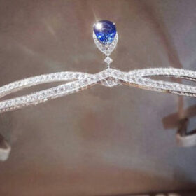 Princess Tiara 8.6 Carat Round Brilliant Diamond & Sapphire 40.6 Gms 14K Gold