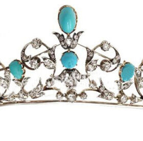 Victorian Tiara 25.75 Carat Rose Cut Diamond & Turquoise 61.3 Gms 925 Sterling Silver