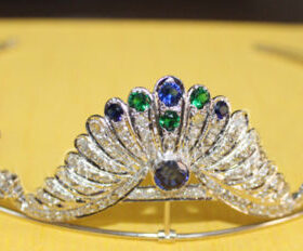 Girls Tiara 22.41 Carat Rose Cut Diamond & Emerald, Sapphire 61.28 Gms 925 Sterling Silver