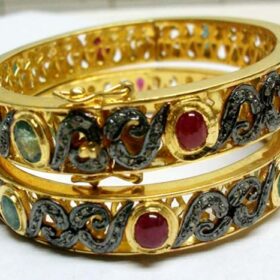 polki bracelet 11.12 Tcw Ruby/emerald Rose Cut Diamond 925 Sterling Silver fine antique jewelry