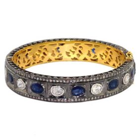 vintage bracelets 8.22 Tcw blue sapphire Rose Cut Diamond 925 Sterling Silver fine antique jewelry