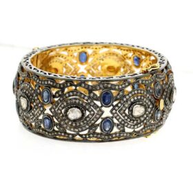 polki bracelet 19.05 Tcw blue sapphire Rose Cut Diamond 925 Sterling Silver vintage art deco jewelry