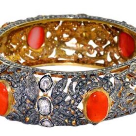 polki bracelet 17 Tcw Coral Rose Cut Diamond 925 Sterling Silver antique vintage jewelry