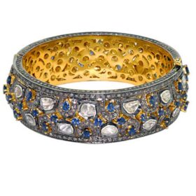 polki bracelet 14.63 Tcw blue sapphire Rose Cut Diamond 925 Sterling Silver vintage art deco jewelry
