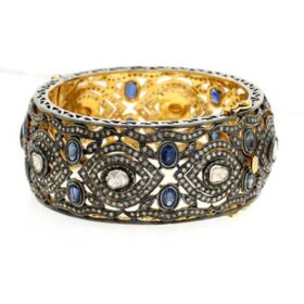 polki bracelet 19.04 Tcw blue sapphire Rose Cut Diamond 925 Sterling Silver fine antique jewelry
