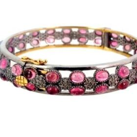 polki bracelet 22 Tcw Pink tourmaline Rose Cut Diamond 925 Sterling Silver victorian jewelry