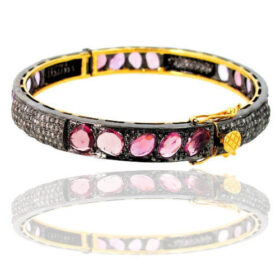 polki bracelet 27.25 Tcw Pink tourmaline Rose Cut Diamond 925 Sterling Silver fine antique jewelry
