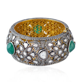 polki bracelet 45.39 Tcw emerald Rose Cut Diamond 925 Sterling Silver vintage style jewelry