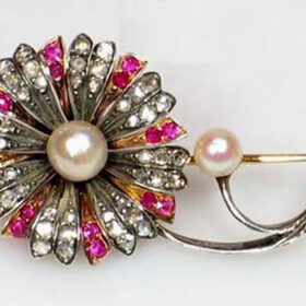 silver brooch 3.15 Tcw Ruby, Pearl Rose Cut Diamond 925 Sterling Silver antique vintage jewelry