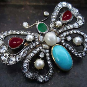 victorian brooch 3.65 Tcw Tourquise, Emerald, Ruby, Pearl Rose Cut Diamond 925 Sterling Silver vintage diamond jewelry