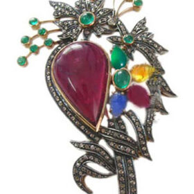 antique brooches 19 Tcw Emerald, Ruby, Sapphire Rose Cut Diamond 925 Sterling Silver vintage diamond jewelry