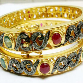 silver bangles 8.35 Tcw Emerald, Ruby Rose Cut Diamond 925 Sterling Silver vintage art deco jewelry