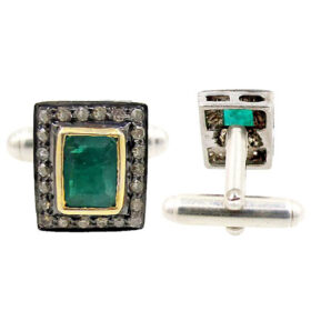 victorian cufflinks 3.5 Tcw Emerald Rose Cut Diamond 925 Sterling Silver vintage style jewelry