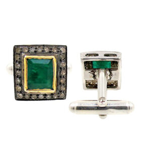 vintage cufflinks 2 Tcw Emerald Rose Cut Diamond 925 Sterling Silver fine antique jewelry