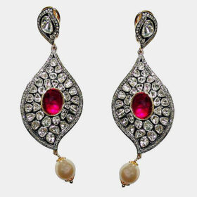 vintage earrings 13.2 Tcw Ruby,  Pearl Rose Cut Diamond 925 Sterling Silver antique vintage jewelry