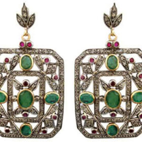 antique earrings 4.36 Tcw Emerald, Ruby Rose Cut Diamond 925 Sterling Silver vintage style jewelry