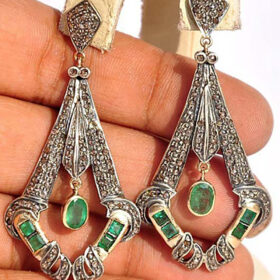 victorian earrings 5.8 Tcw Emerald Rose Cut Diamond 925 Sterling Silver fine antique jewelry
