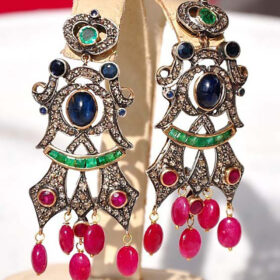 vintage earrings 4.6 Tcw Emerald, Ruby, Sapphire Rose Cut Diamond 925 Sterling Silver vintage diamond jewelry