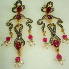 uncut earrings 4.4 Tcw Ruby, pearl Rose Cut Diamond 925 Sterling Silver vintage diamond jewelry