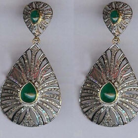 victorian earrings 5.5 Tcw Emerald Rose Cut Diamond 925 Sterling Silver fine antique jewelry