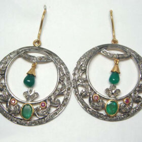 uncut earrings 3.5 Tcw Emerald, Ruby Rose Cut Diamond 925 Sterling Silver art deco jewelry