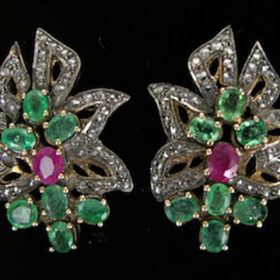 polki earrings 3.05 Tcw Emerald, Ruby Rose Cut Diamond 925 Sterling Silver fine antique jewelry