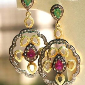 polki earrings 4.5 Tcw Emerald, Ruby Rose Cut Diamond 925 Sterling Silver vintage art deco jewelry