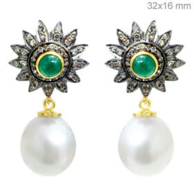 antique earrings 5.18 Tcw Emerald, Pearl Rose Cut Diamond 925 Sterling Silver antique vintage jewelry