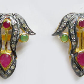 rose cut earrings 1.3 Tcw Ruby, Emerald Rose Cut Diamond 925 Sterling Silver victorian jewelry