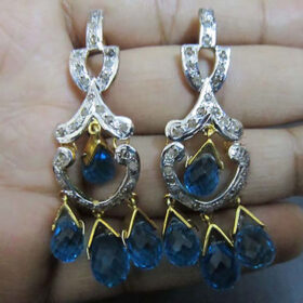 antique earrings 5.5 Tcw Blue Sapphire Rose Cut Diamond 925 Sterling Silver vintage style jewelry