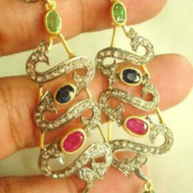 uncut earrings 6.5 Tcw Emerald, Ruby, Sapphire Rose Cut Diamond 925 Sterling Silver vintage diamond jewelry