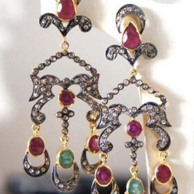 antique earrings 7.6 Tcw Emerald, Ruby Rose Cut Diamond 925 Sterling Silver victorian jewelry