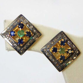 vintage earrings 1 Tcw Sapphire, Emerald Rose Cut Diamond 925 Sterling Silver antique jewelry