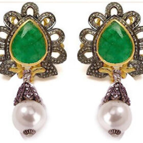 rose cut earrings 6.3 Tcw Emerald,pearl Rose Cut Diamond 925 Sterling Silver vintage style jewelry