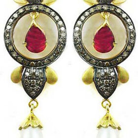 victorian earrings 5.8 Tcw Ruby, Pearl Rose Cut Diamond 925 Sterling Silver vintage art deco jewelry