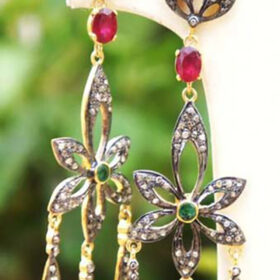 antique earrings 3.5 Tcw Emerald, Ruby Rose Cut Diamond 925 Sterling Silver antique vintage jewelry