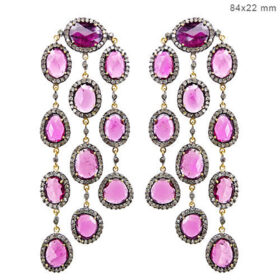 uncut earrings 40 Tcw Pink Tourmaline Rose Cut Diamond 925 Sterling Silver antique jewelry