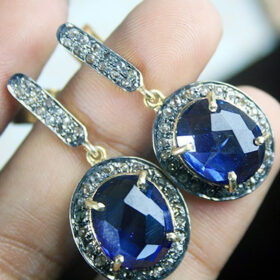 polki earrings 3.17 Tcw Blue Sapphire Rose Cut Diamond 925 Sterling Silver fine antique jewelry