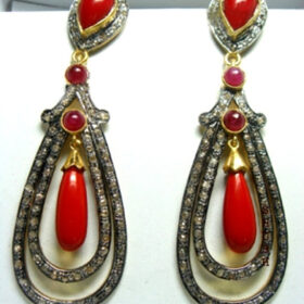 antique earrings 10.1 Tcw Coral, Ruby Rose Cut Diamond 925 Sterling Silver vintage style jewelry