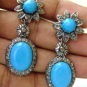 victorian earrings 8.4 Tcw Turquoise Rose Cut Diamond 925 Sterling Silver fine antique jewelry