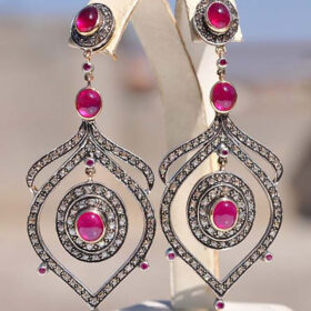 uncut earrings 6.25 Tcw Pink Tourmaline Rose Cut Diamond 925 Sterling Silver antique jewelry