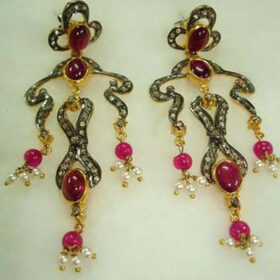 rose cut earrings 3.95 Tcw Ruby, pearl Rose Cut Diamond 925 Sterling Silver vintage style jewelry