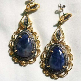 polki earrings 5.15 Tcw Blue Sapphire Rose Cut Diamond 925 Sterling Silver vintage art deco jewelry