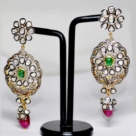 antique earrings 11.46 Tcw Emerald, Ruby Rose Cut Diamond 925 Sterling Silver antique vintage jewelry